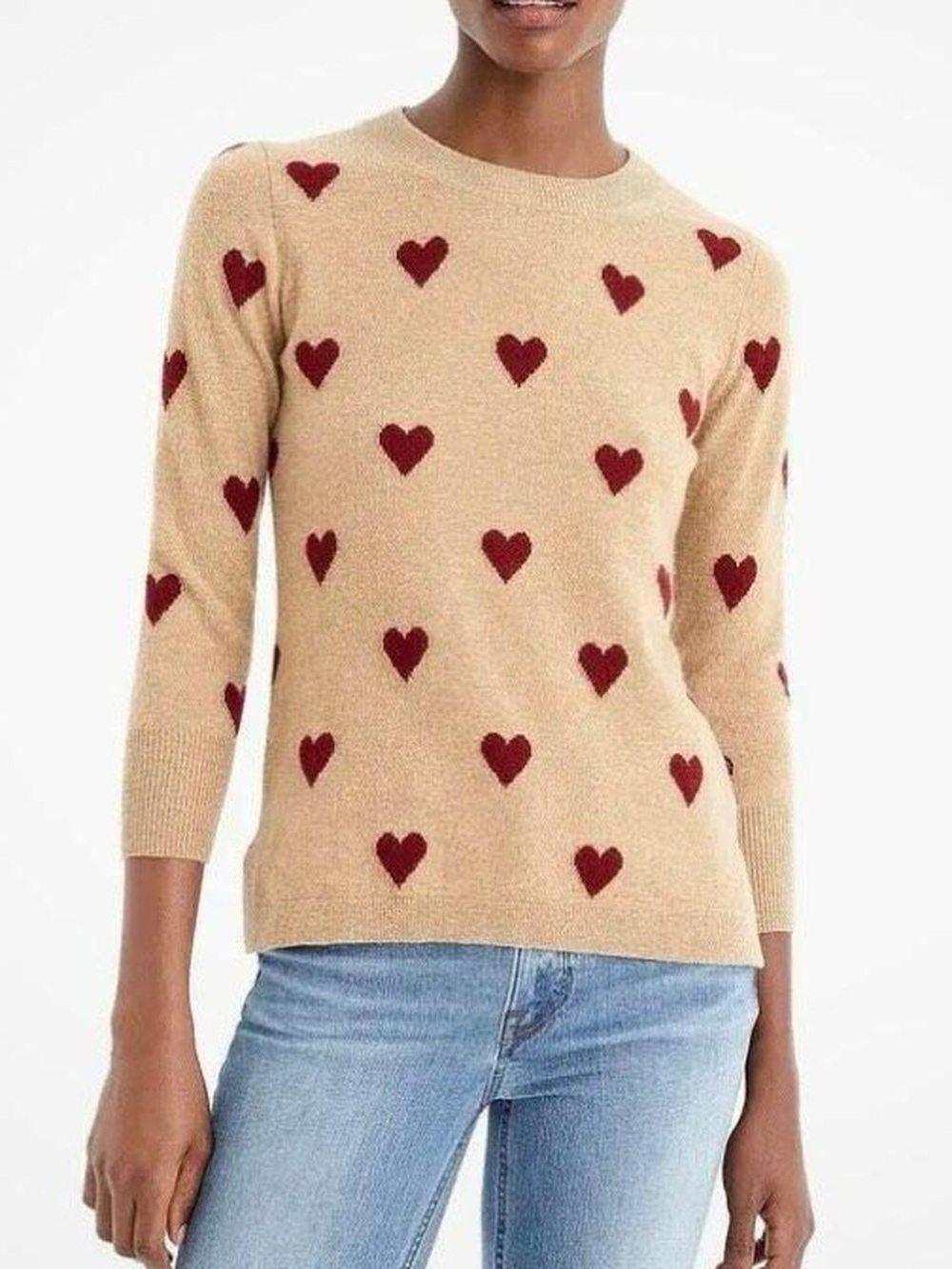 J.Crew 100% Cashmere Classic-Fit Heart Print Crewneck Sweater - Women's S